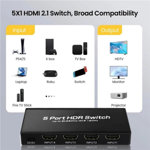 Commutateur HDMI 2.1 5x1 Q8-5 pour home cinéma/bureau, commutateur vidéo de jeu 8K 60 Hz, prise : prise américaine SH3601578-09